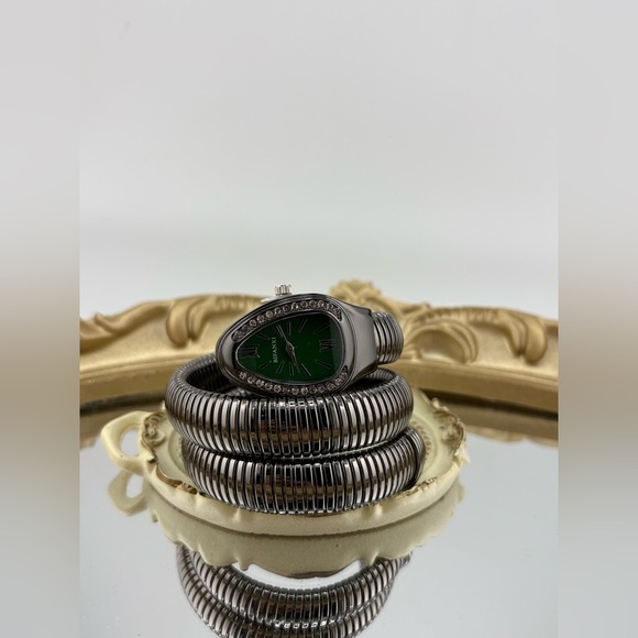Gunmetal Coil Bracelet Watch with Green Dial โ Statement Stretch Watch - Picture 8 of 10